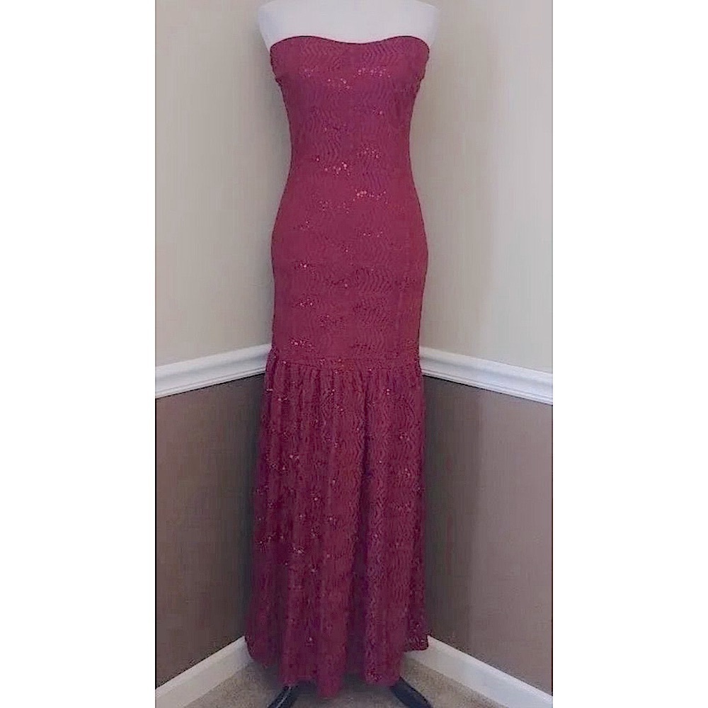 Strapless Burgundy Lace Maxi Dress with Sequins Mermaid Formal Party Holiday